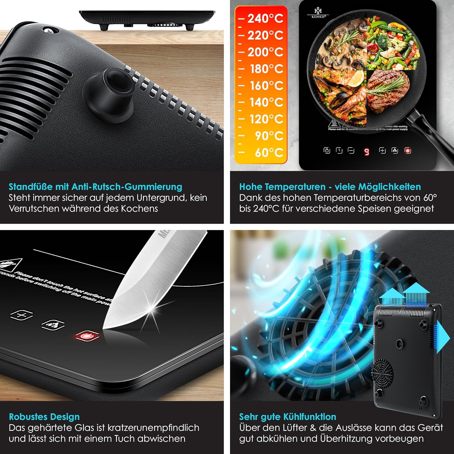 KESSER Induktionsplatte 2100 W, 28 cm, portabel, Touch‑Steuerung, Booster
