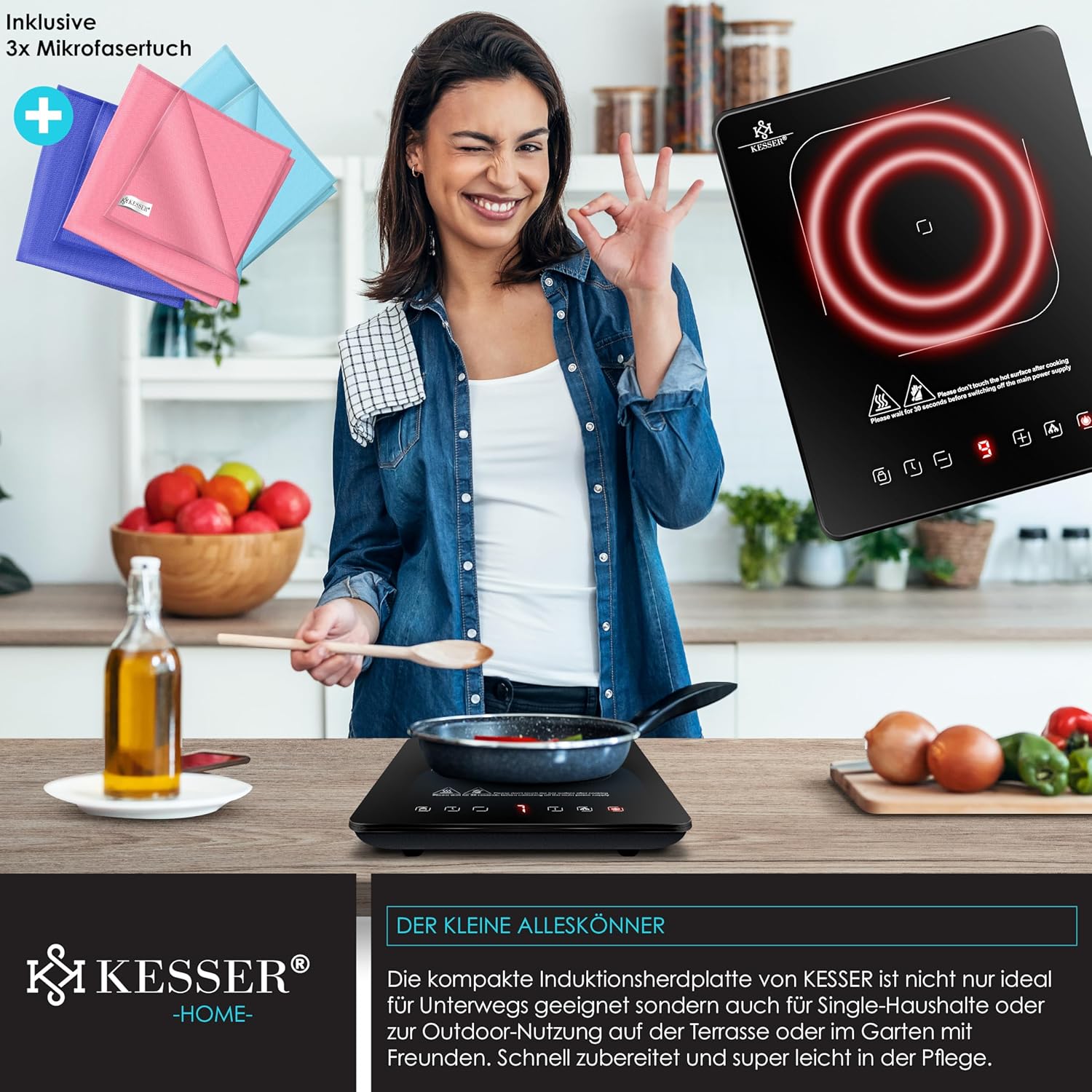 KESSER Induktionsplatte 2100 W, 28 cm, portabel, Touch‑Steuerung, Booster