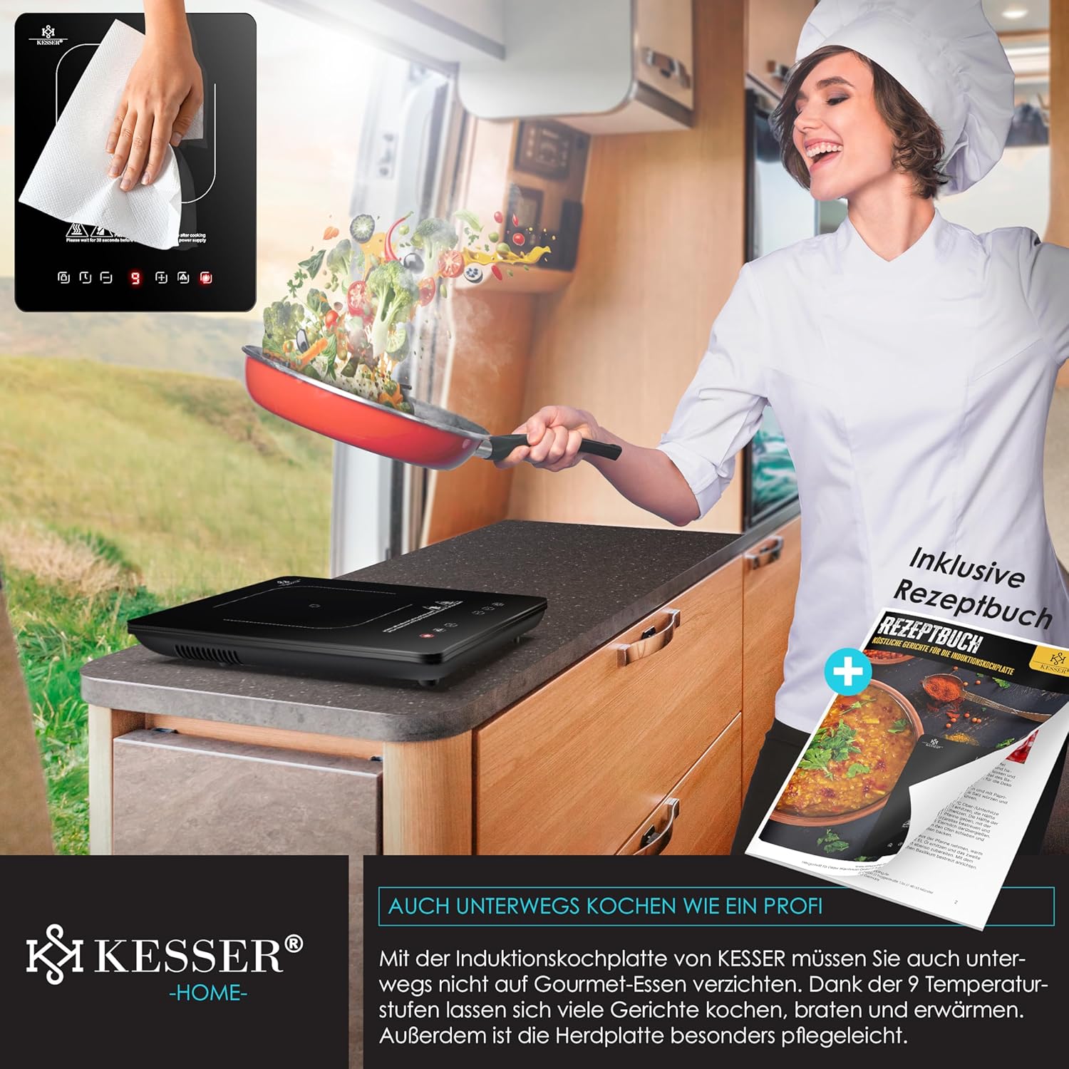 KESSER Induktionsplatte 2100 W, 28 cm, portabel, Touch‑Steuerung, Booster