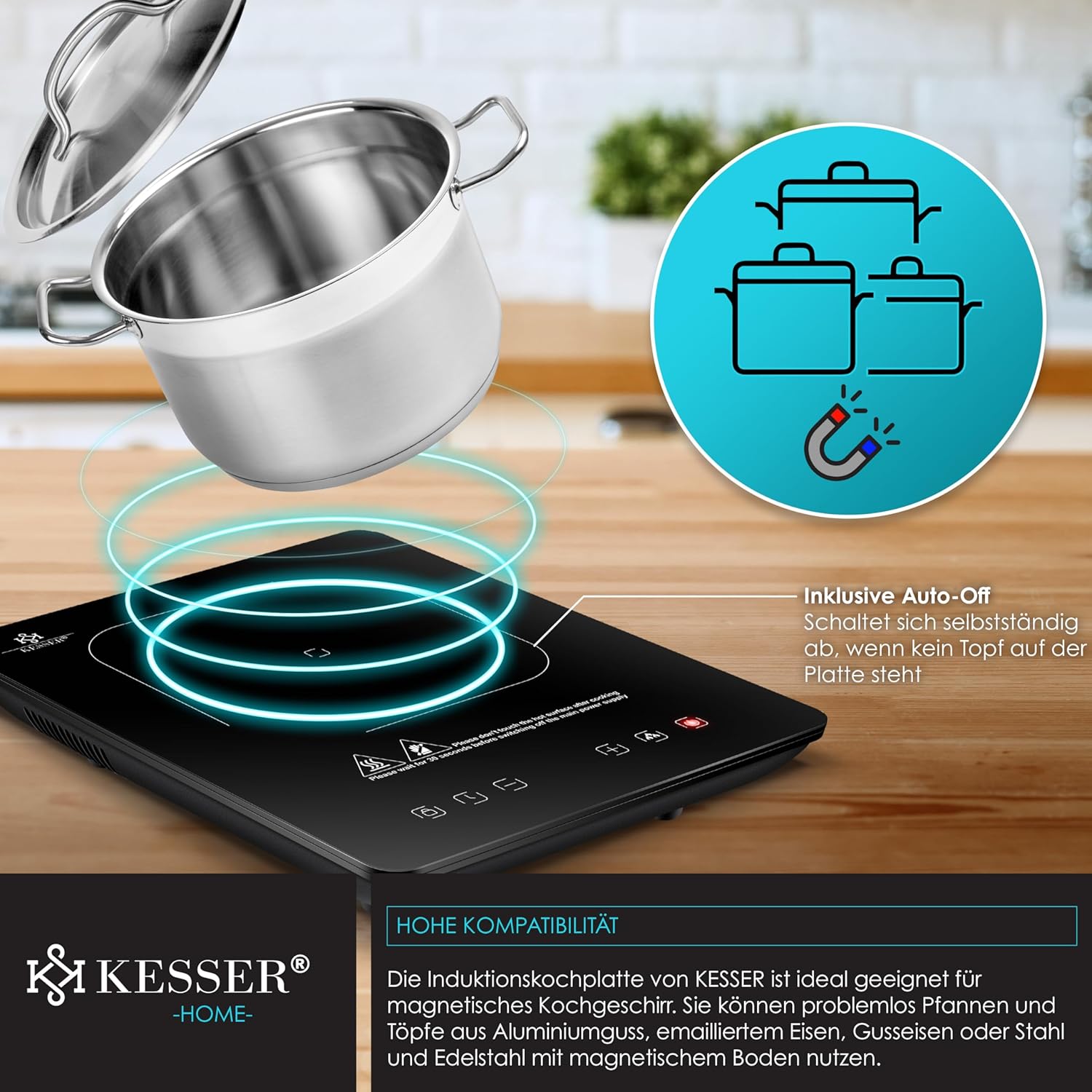 KESSER Induktionsplatte 2100 W, 28 cm, portabel, Touch‑Steuerung, Booster