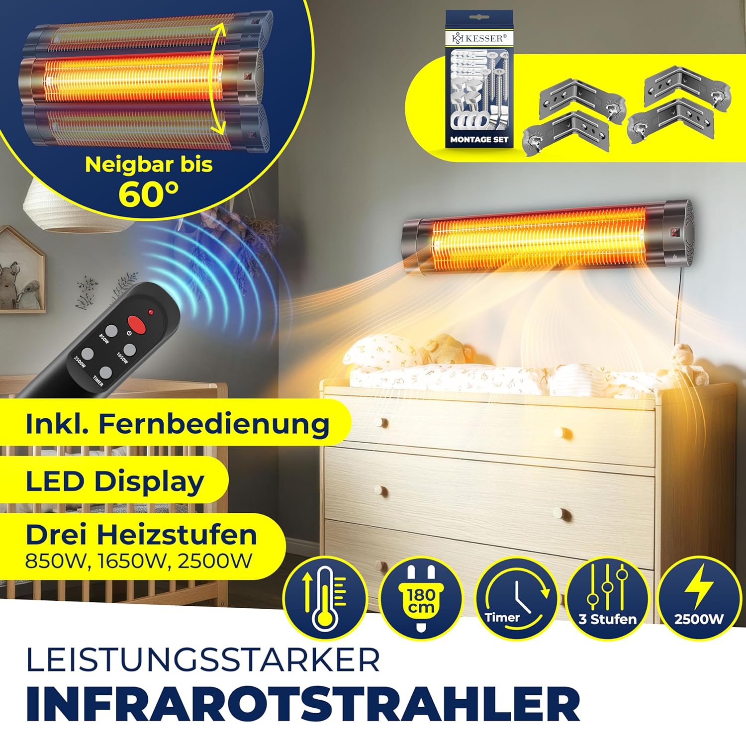 KESSER Infrarotheizung 2500W, Fernbedienung, 3 Stufen, Quarz‑Element