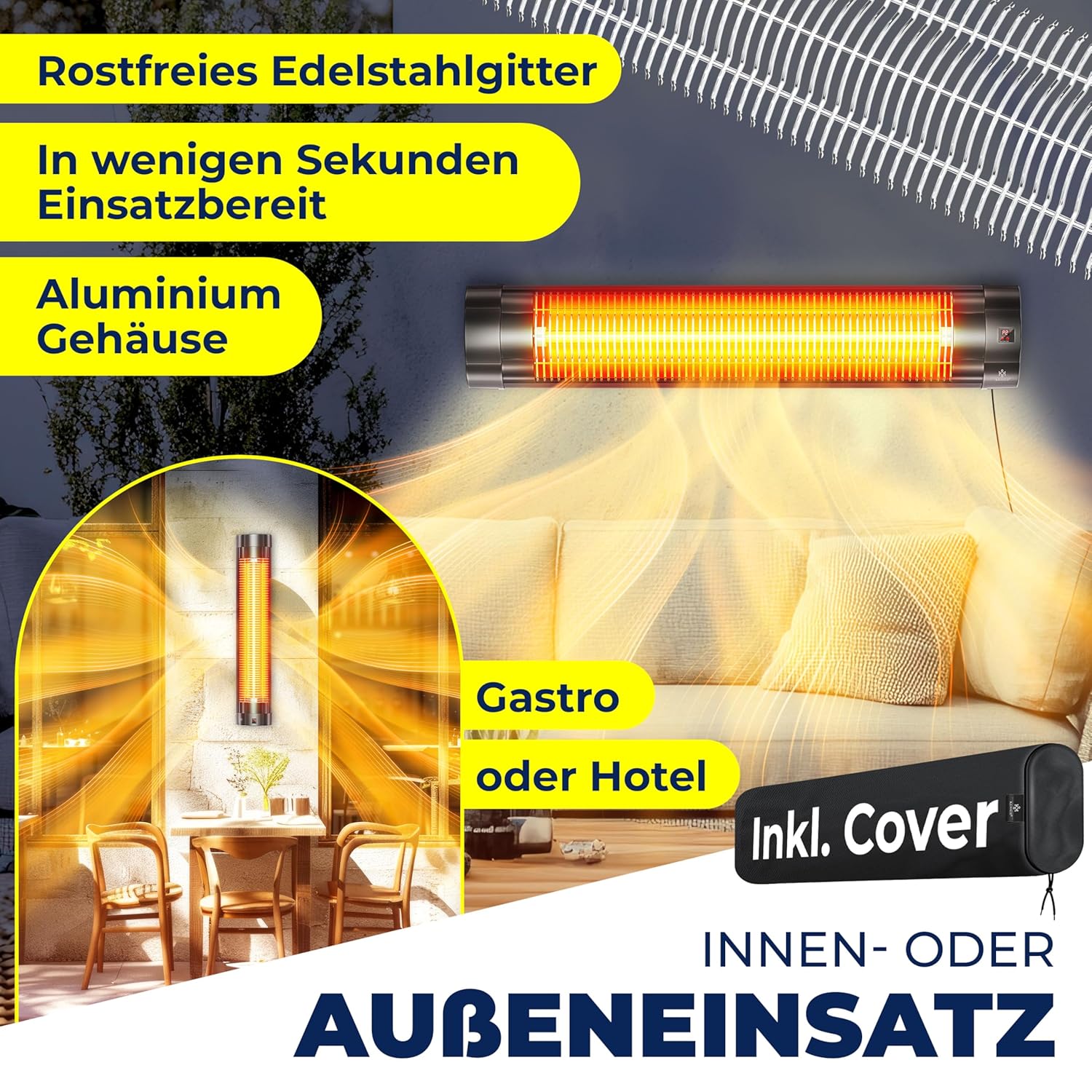 KESSER Infrarotheizung 2500W, Fernbedienung, 3 Stufen, Quarz‑Element