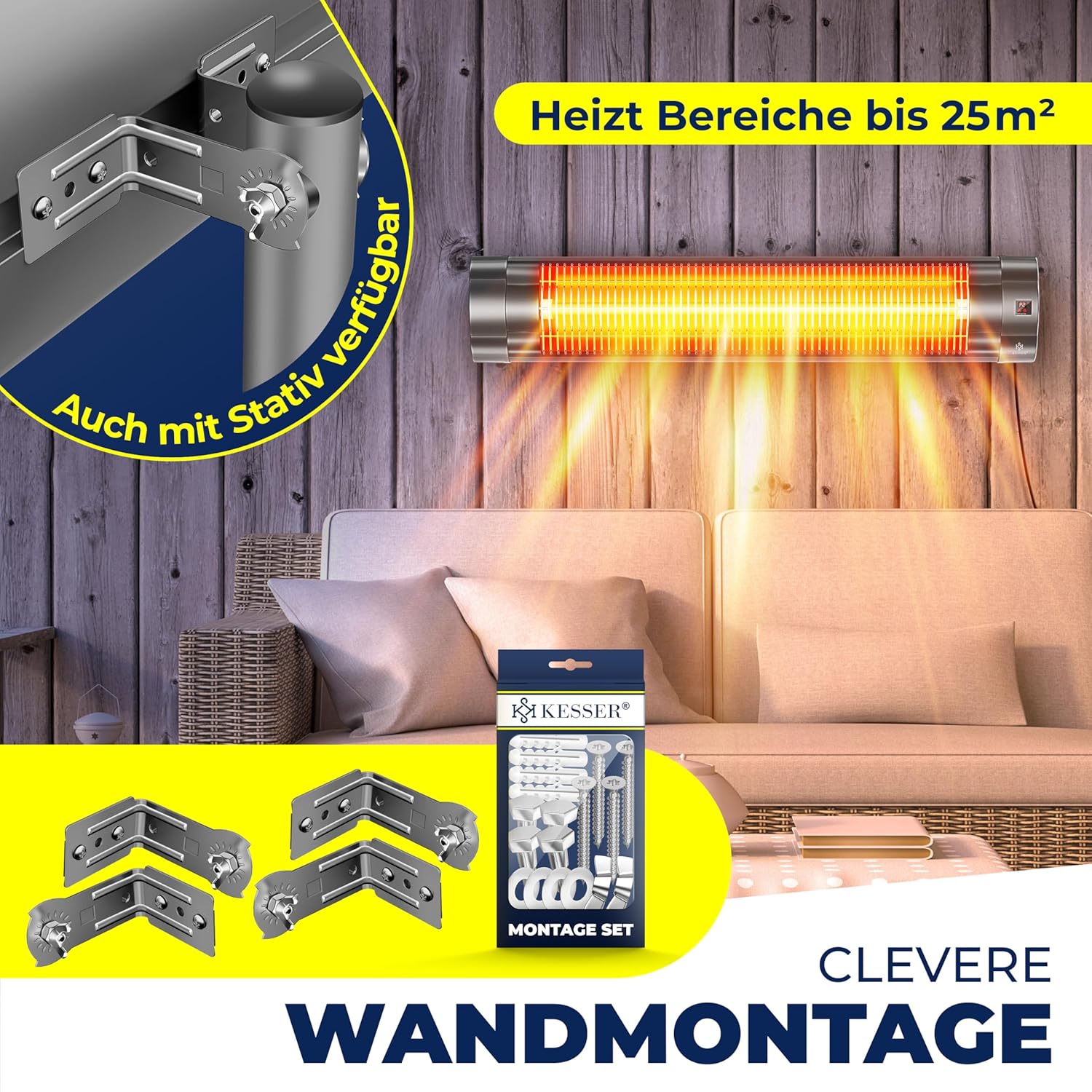 KESSER Infrarotheizung 2500W, Fernbedienung, 3 Stufen, Quarz‑Element