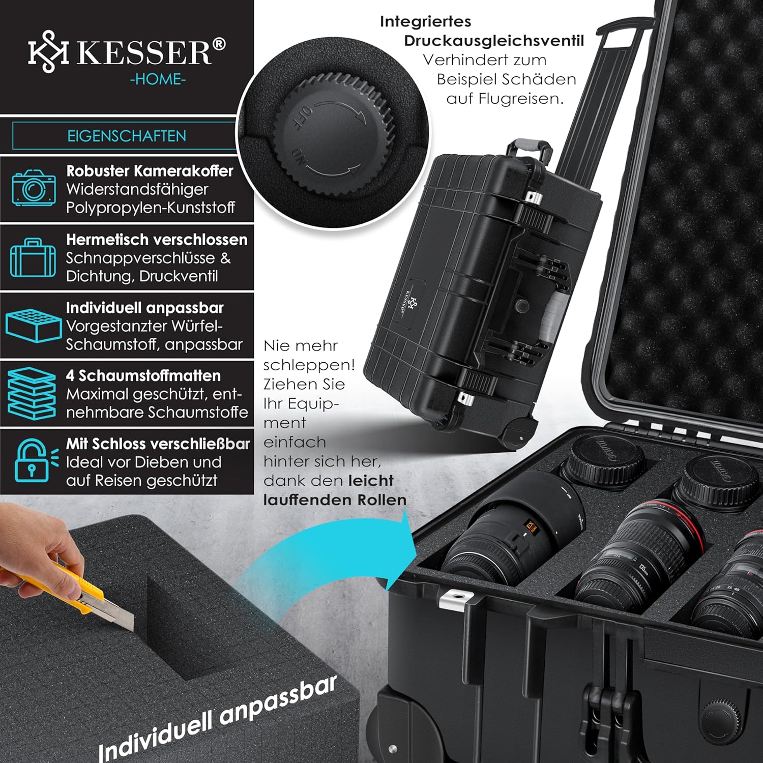 KESSER® Kamera-Transportkoffer Hartschale, Schaum, Rollen, verstellbarer Griff, wasserdicht
