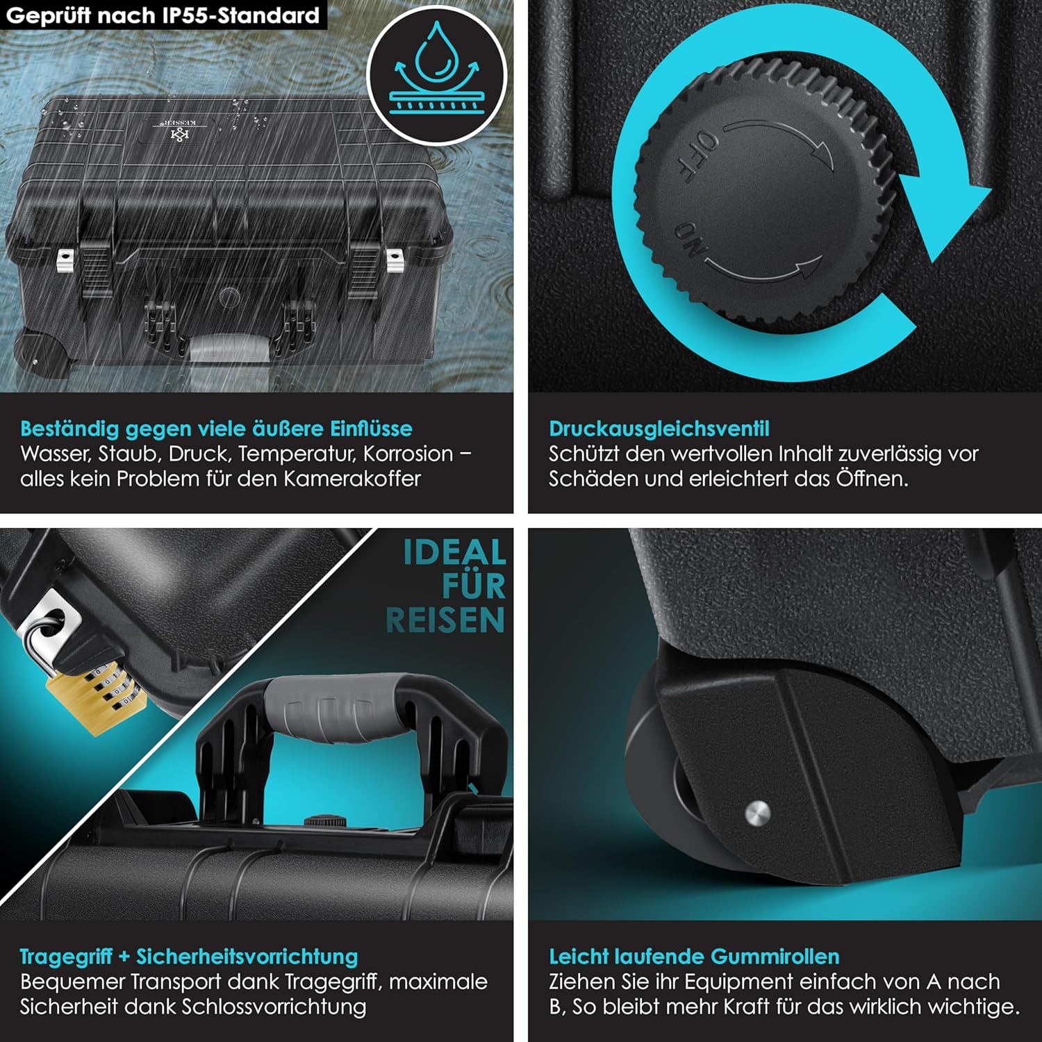 KESSER® Kamera-Transportkoffer Hartschale, Schaum, Rollen, verstellbarer Griff, wasserdicht