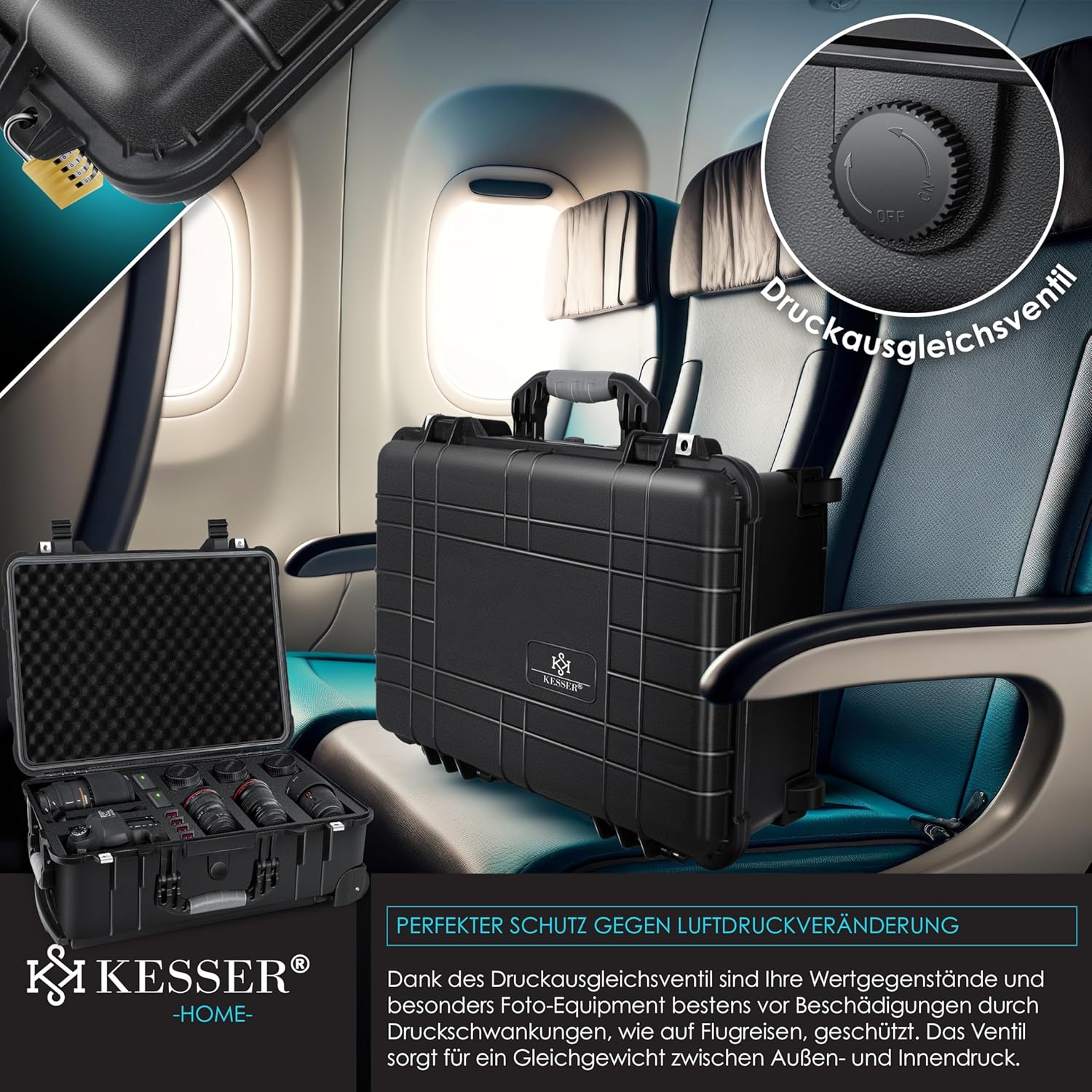 KESSER® Kamera-Transportkoffer Hartschale, Schaum, Rollen, verstellbarer Griff, wasserdicht