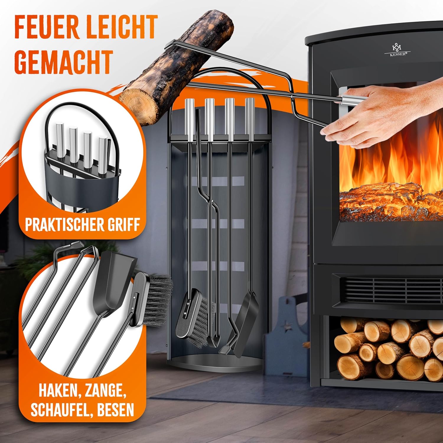 KESSER Kaminzubehör-Set 5 Stück – Modern, beschichtet, hochwertig, mit Schutzhülle
