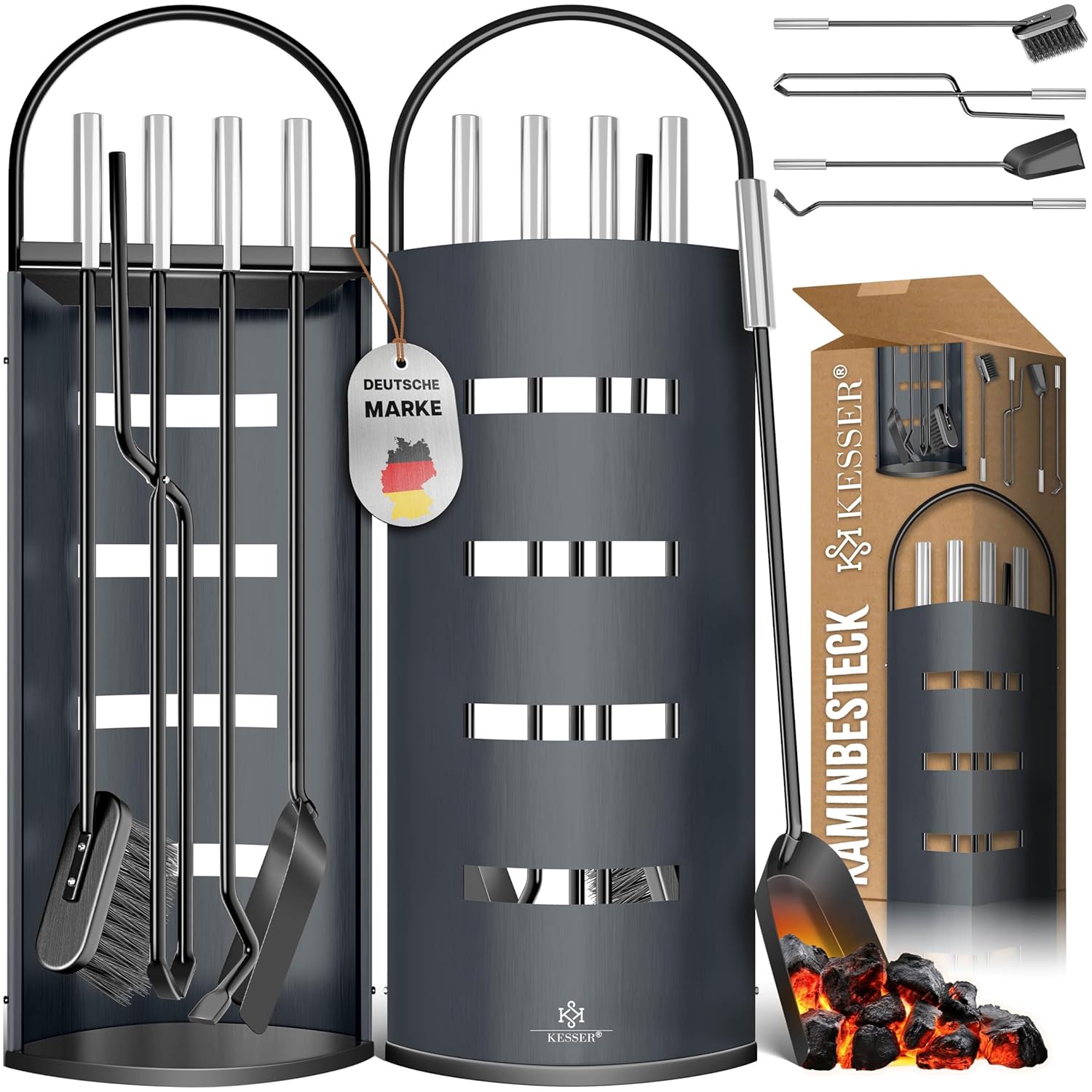 KESSER Kaminzubehör-Set 5 Stück – Modern, beschichtet, hochwertig, mit Schutzhülle