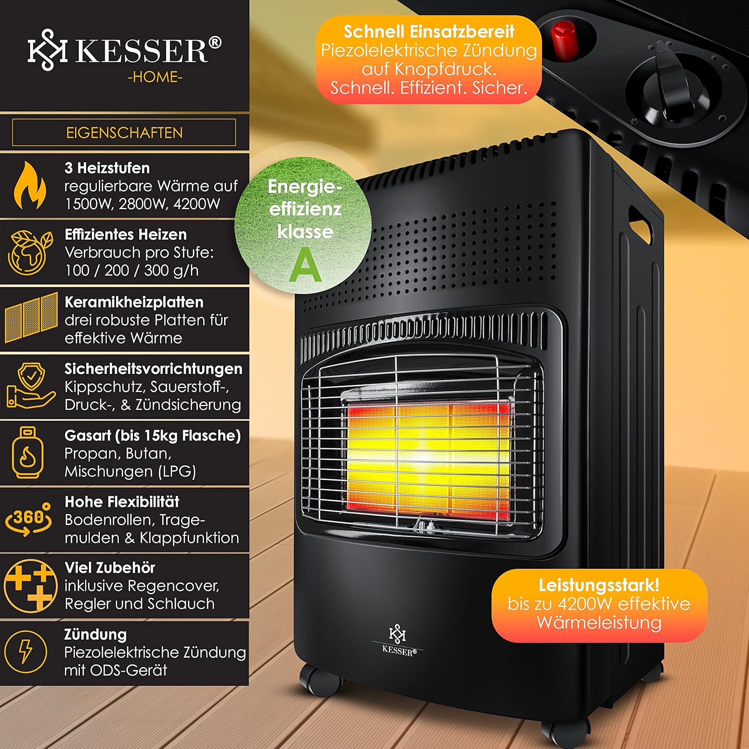 Kesser® Keramik‑Gasheizung 4200W Infrarotbrenner Regulierer 15kg Butan/Propan (Klasse A)