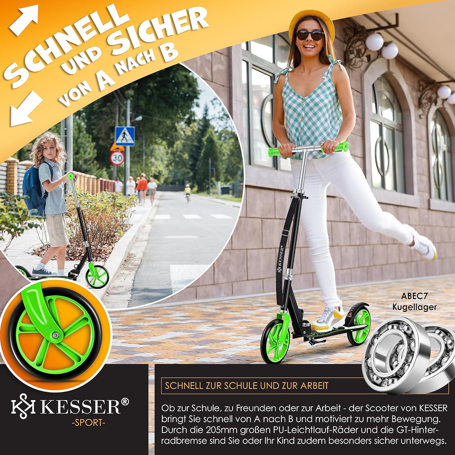 KESSER® Kinder Kick Scooter City – leicht, verstellbar, robuste Gummiräder