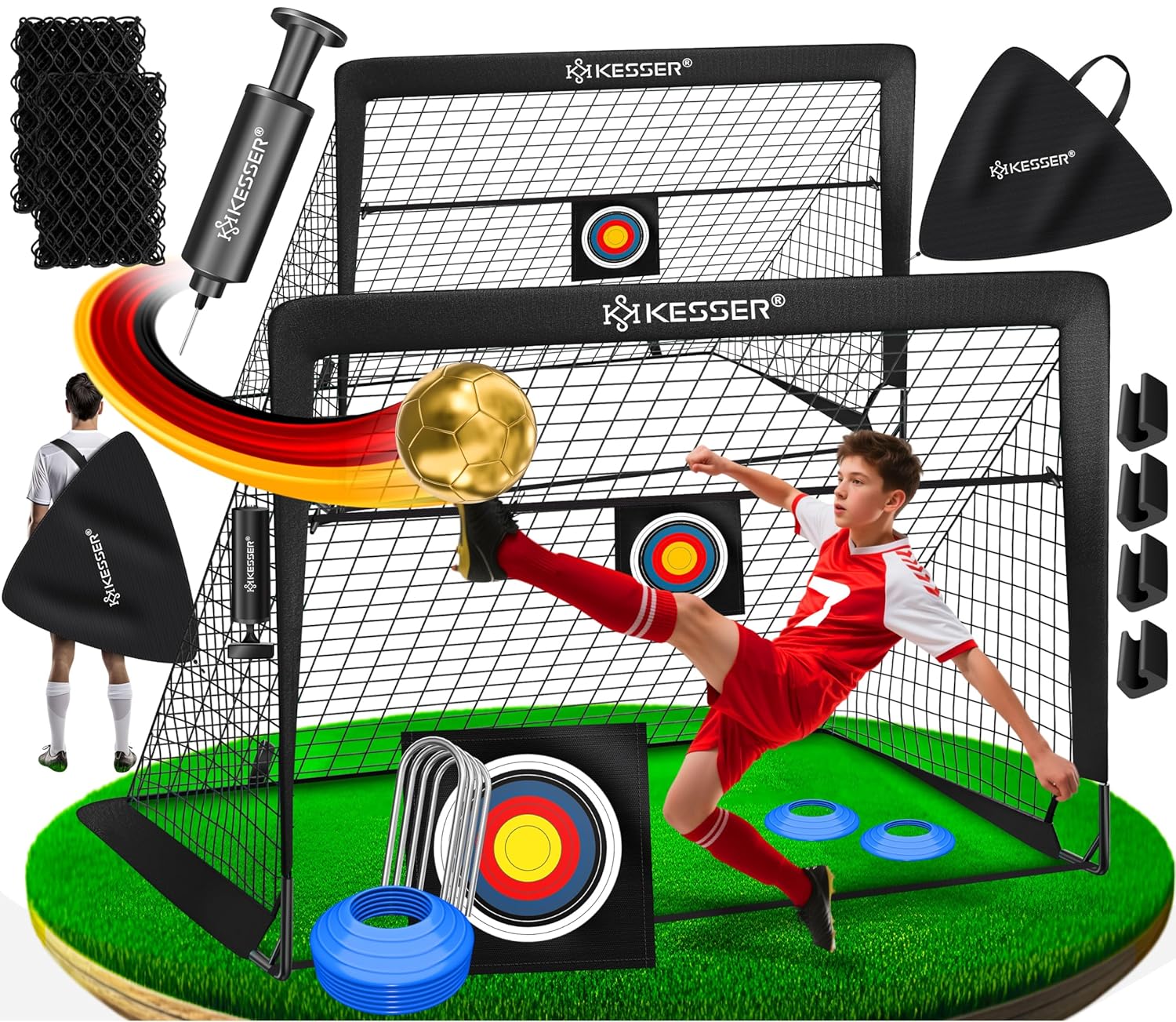KESSER Kinderfußballtor Set 2 Pop‑Up, Fiberglas‑Stäbe, robustes Netz, Transporttasche
