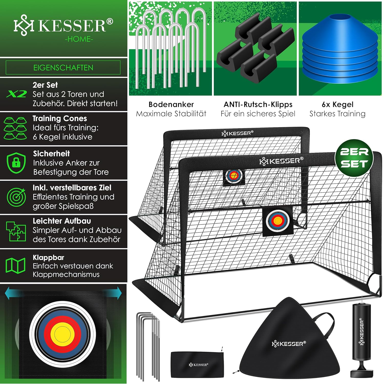 KESSER Kinderfußballtor Set 2 Pop‑Up, Fiberglas‑Stäbe, robustes Netz, Transporttasche