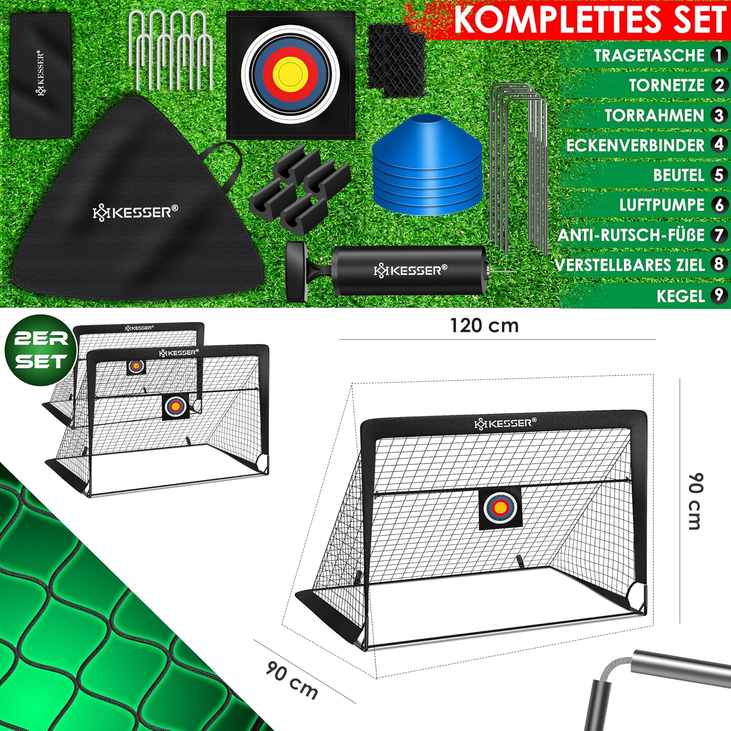 KESSER Kinderfußballtor Set 2 Pop‑Up, Fiberglas‑Stäbe, robustes Netz, Transporttasche