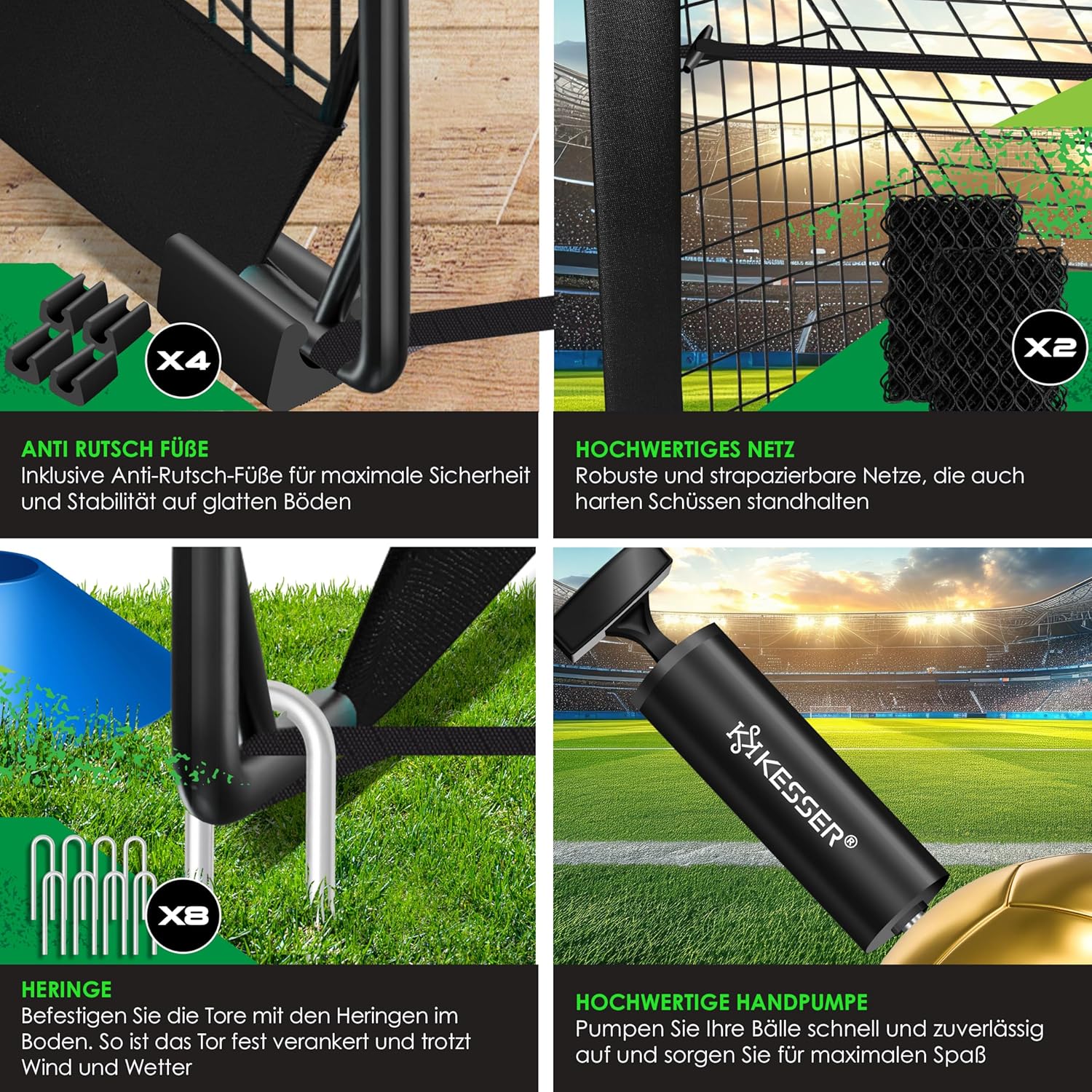 KESSER Kinderfußballtor Set 2 Pop‑Up, Fiberglas‑Stäbe, robustes Netz, Transporttasche