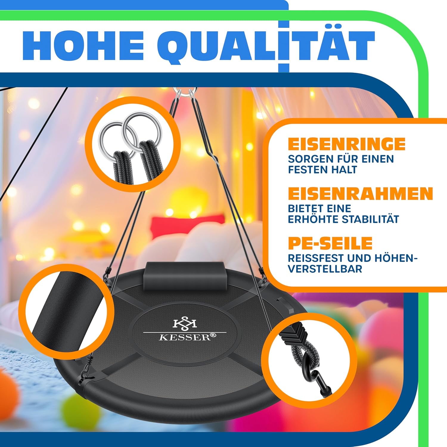 KESSER® Kinderhängesitz 120 cm Durchmesser – 300 kg, 4 Handgriffe, einstellbar
