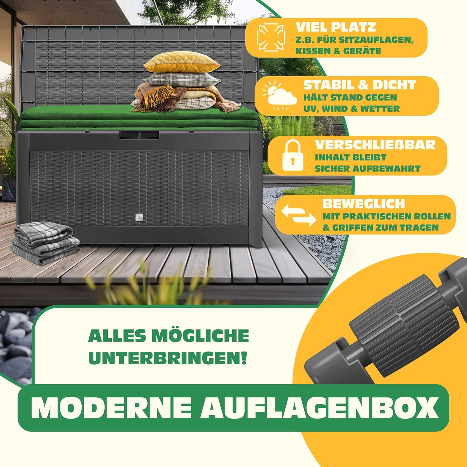 Kesser® Kissenbox 310L, Rollen, Klappdeckel, Rattanoptik, Charcoal