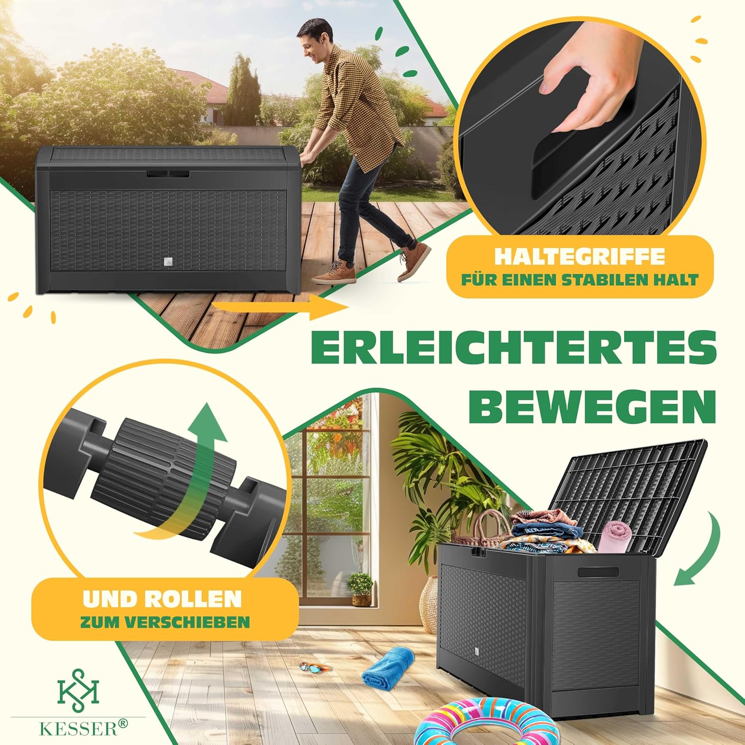 Kesser® Kissenbox 310L, Rollen, Klappdeckel, Rattanoptik, Charcoal