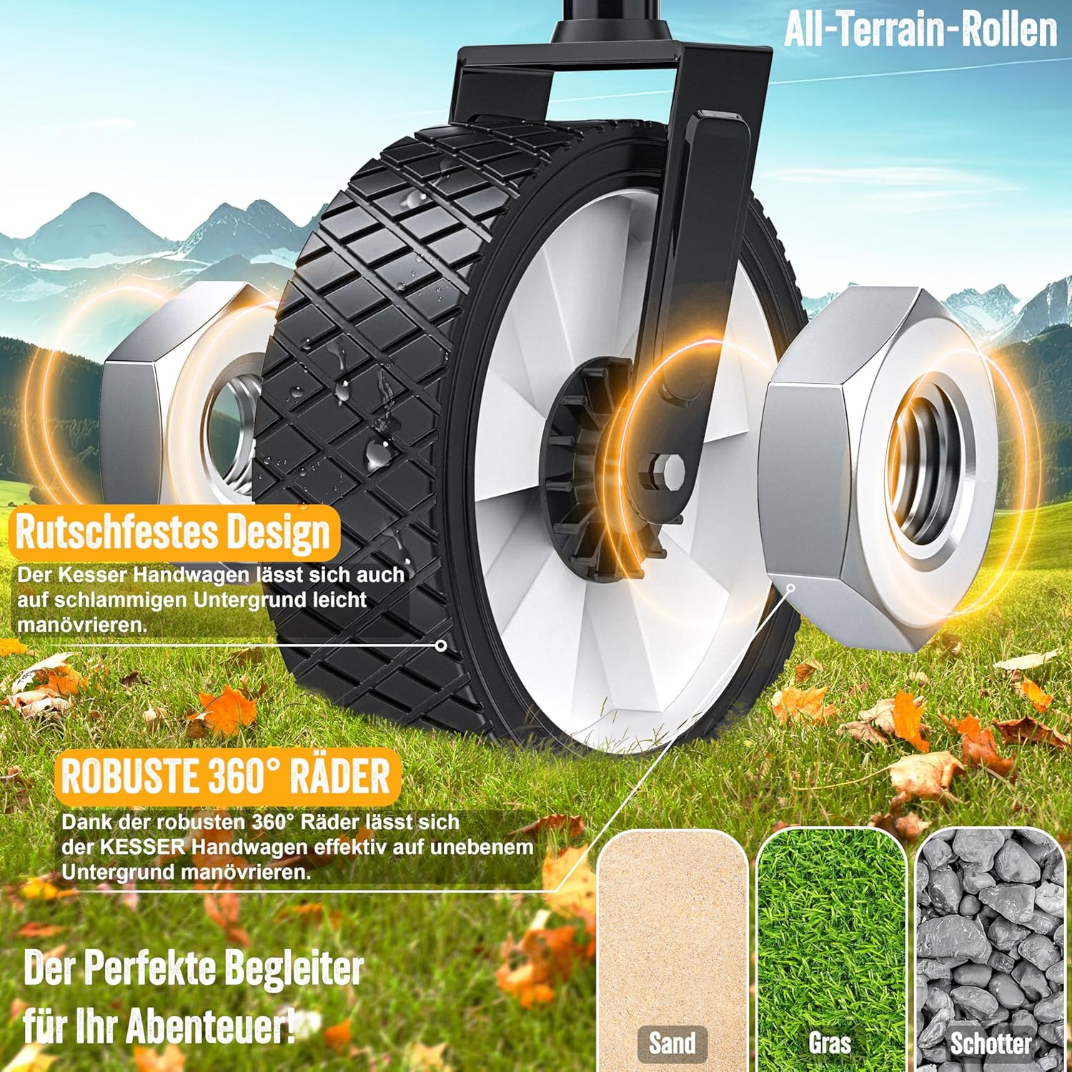 KESSER® Klappbarer Handwagen 360° Vorderräder, Bremse, Gummireifen, XXL Tragetasche