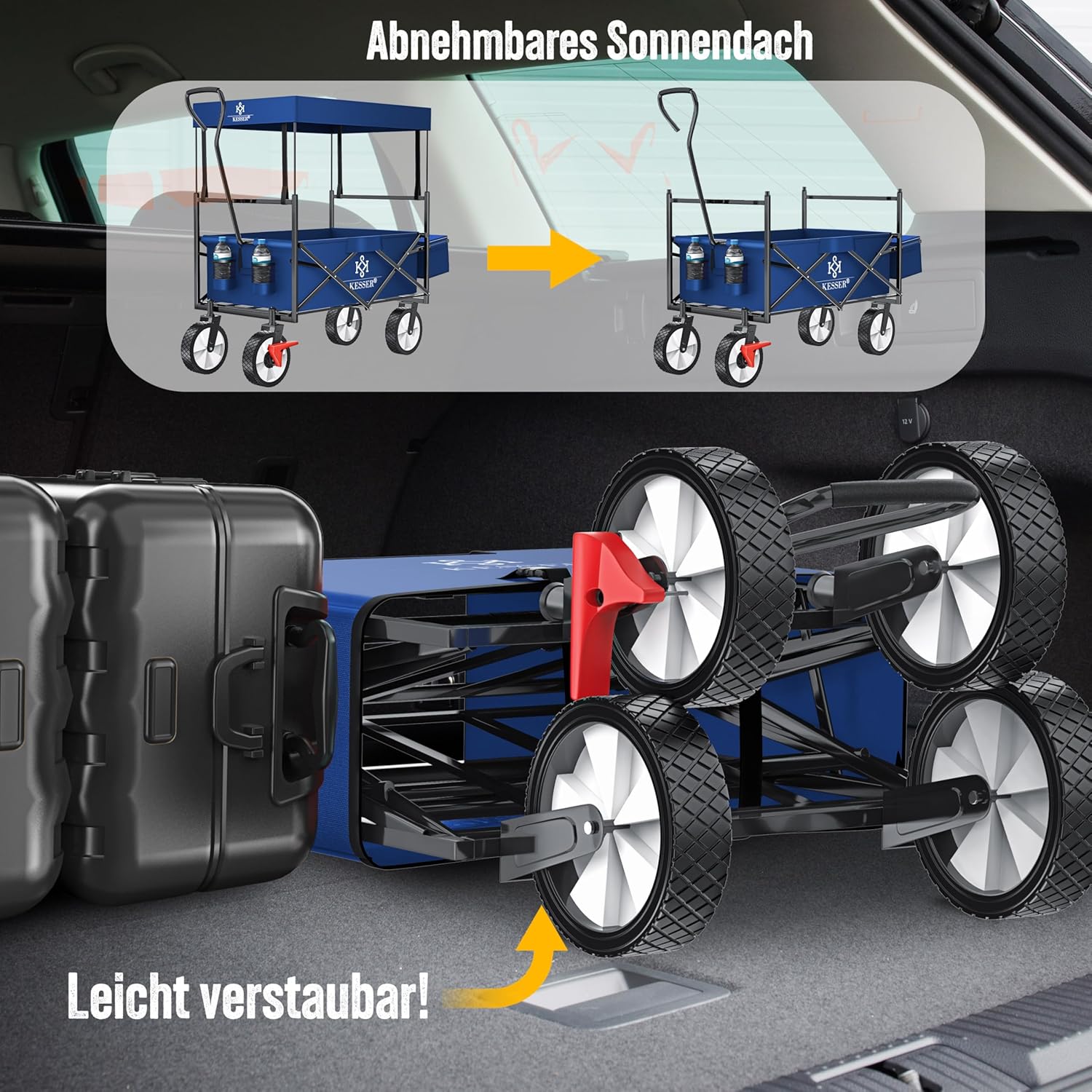 KESSER® Klappbarer Handwagen 360° Vorderräder, Bremse, Gummireifen, XXL Tragetasche