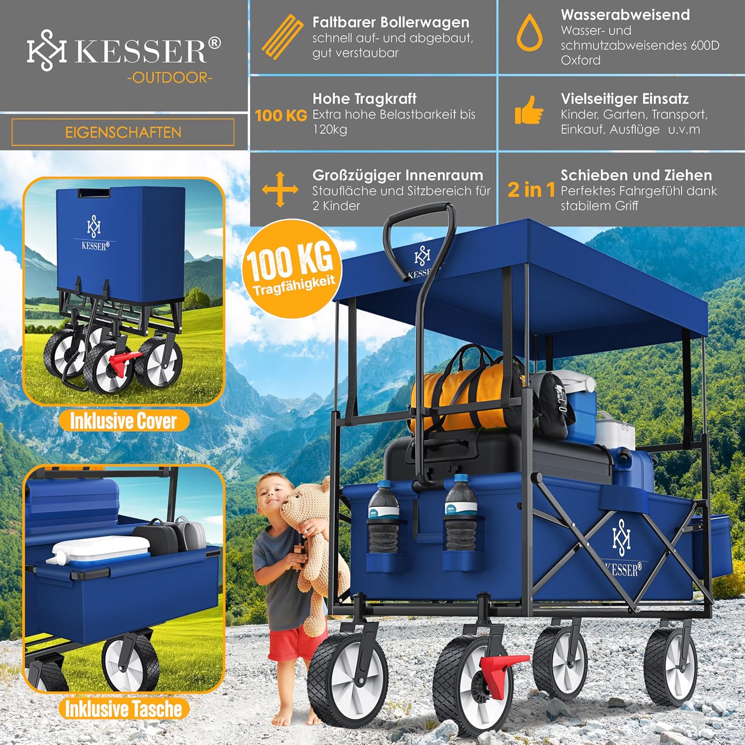 KESSER® Klappbarer Handwagen 360° Vorderräder, Bremse, Gummireifen, XXL Tragetasche