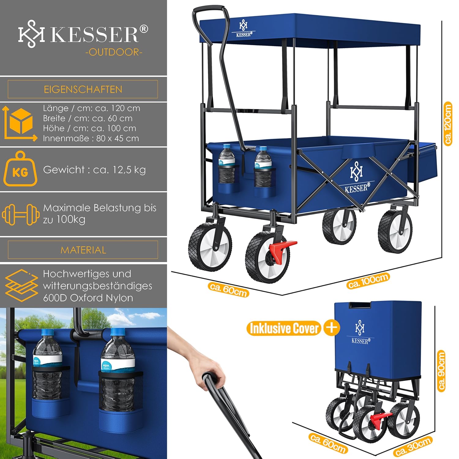 KESSER® Klappbarer Handwagen 360° Vorderräder, Bremse, Gummireifen, XXL Tragetasche