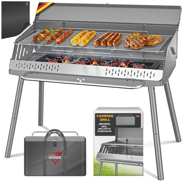 KESSER® Klappbarer Holzkohlegrill aus Pulverbeschichtetem Stahl – Tragbar, Robust, mit Grillmatte