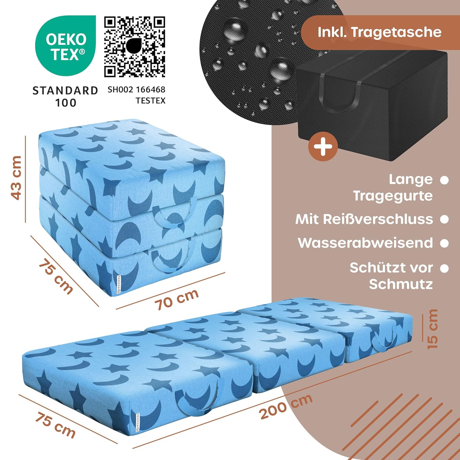 KESSER® Klappmatratze 75x200x15 cm – 3‑Wege faltbar, 15 cm dick, atmungsaktiv, waschbar