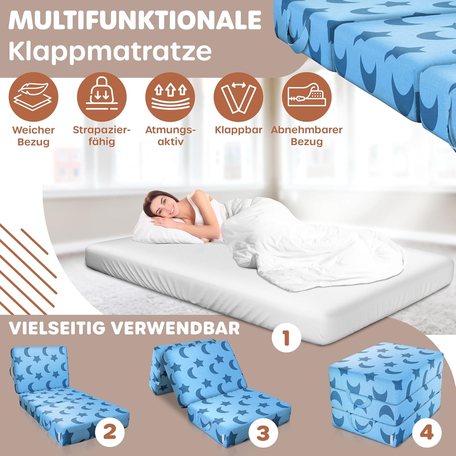 KESSER® Klappmatratze 75x200x15 cm – 3‑Wege faltbar, 15 cm dick, atmungsaktiv, waschbar