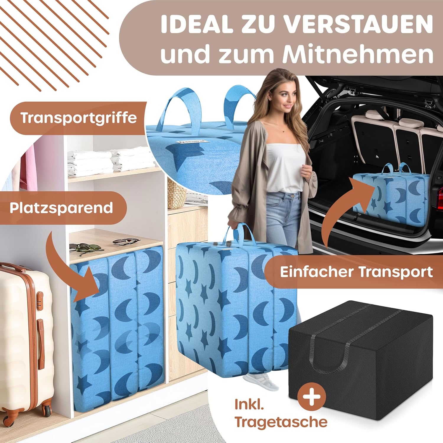 KESSER® Klappmatratze 75x200x15 cm – 3‑Wege faltbar, 15 cm dick, atmungsaktiv, waschbar