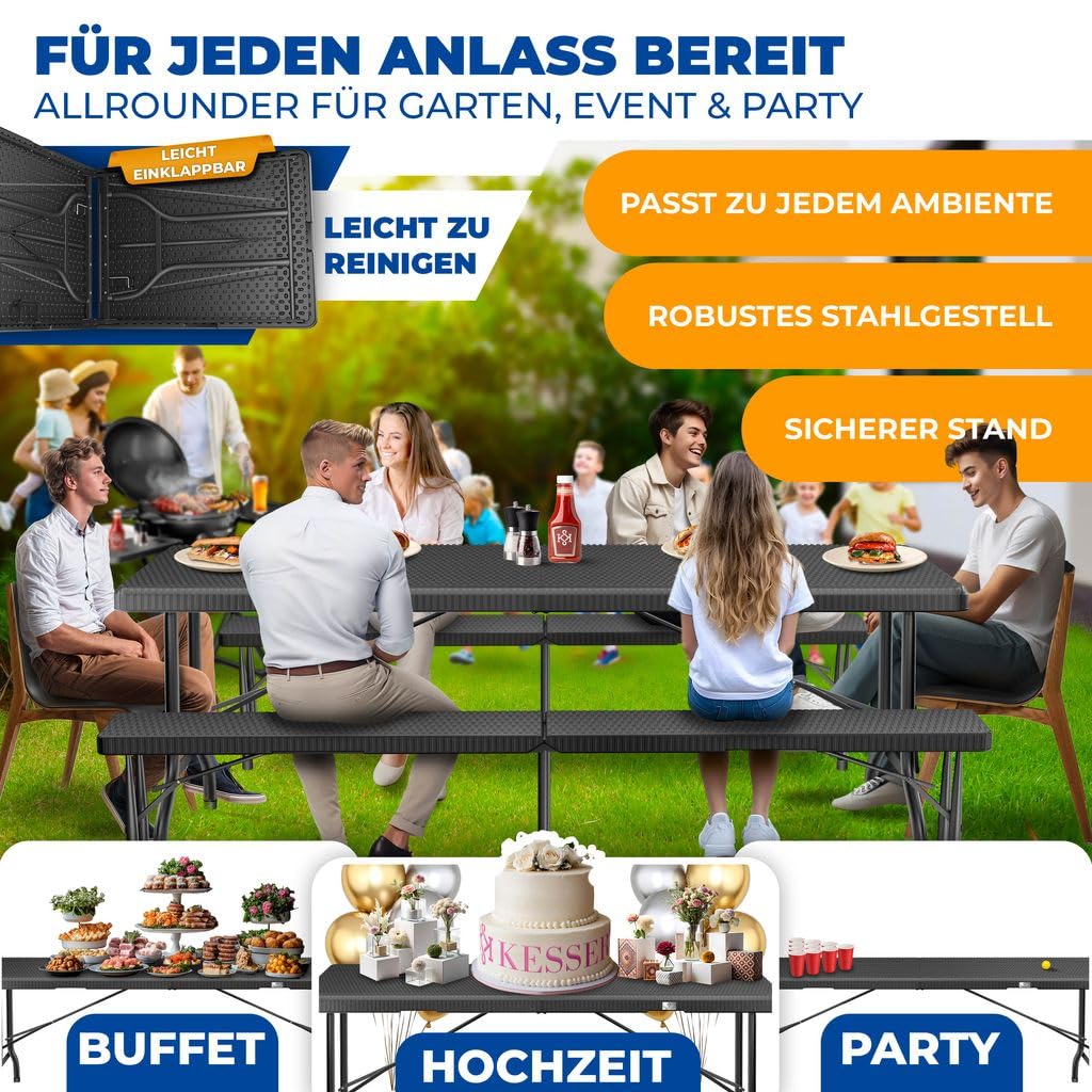 Kesser® Klapptisch 180x75 cm Rattan‑Look, 6 Sitzplätze, tragbar, für Garten, Balkon & Camping