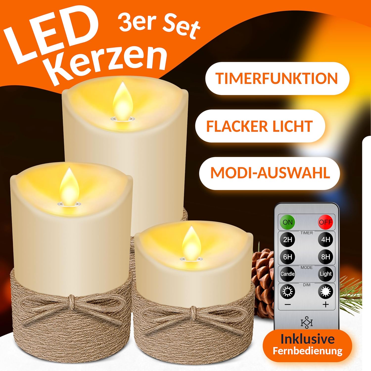 KESSER® LED Kerzen Set 3 Stück – Flameless, Fernbedienung, Timer, Dimmer, realistische LED‑Flamme