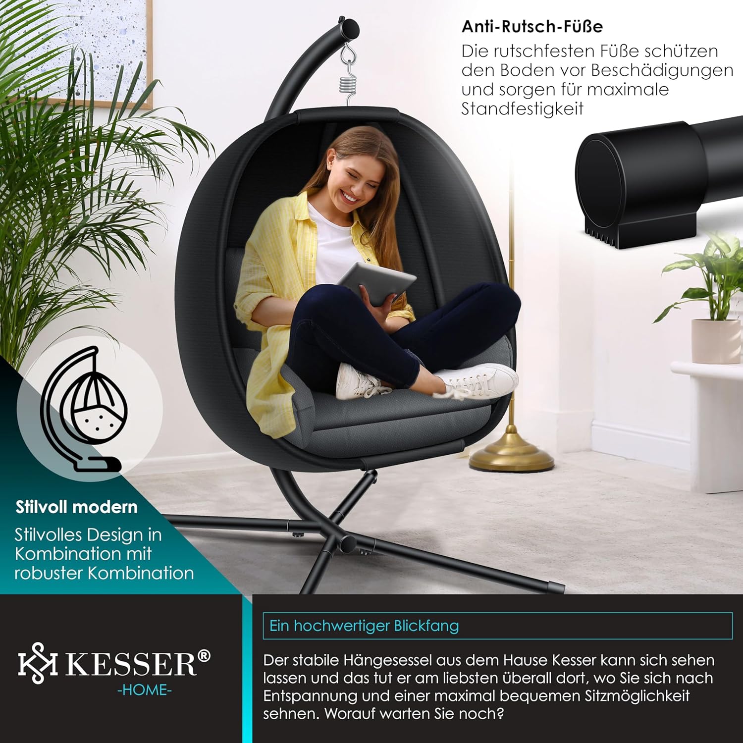KESSER® Luxe Hängesessel mit Rahmen, weichem Sitz & Rücken, stabile Basis, 150 kg