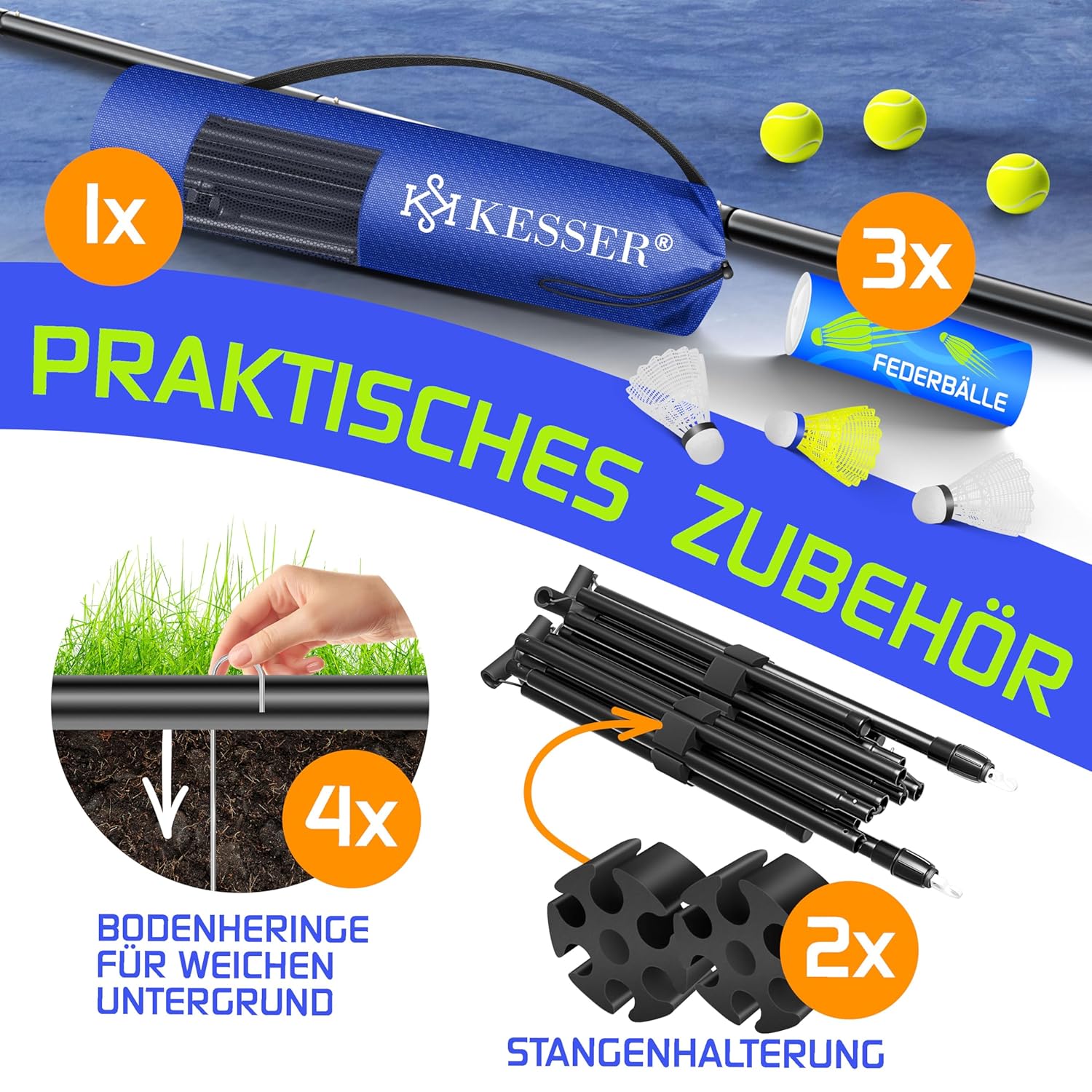 KESSER® Mehrzweck-Netz 107/120/155 cm, 3‑Wege-Höhenverstellung, inkl. Transporttasche