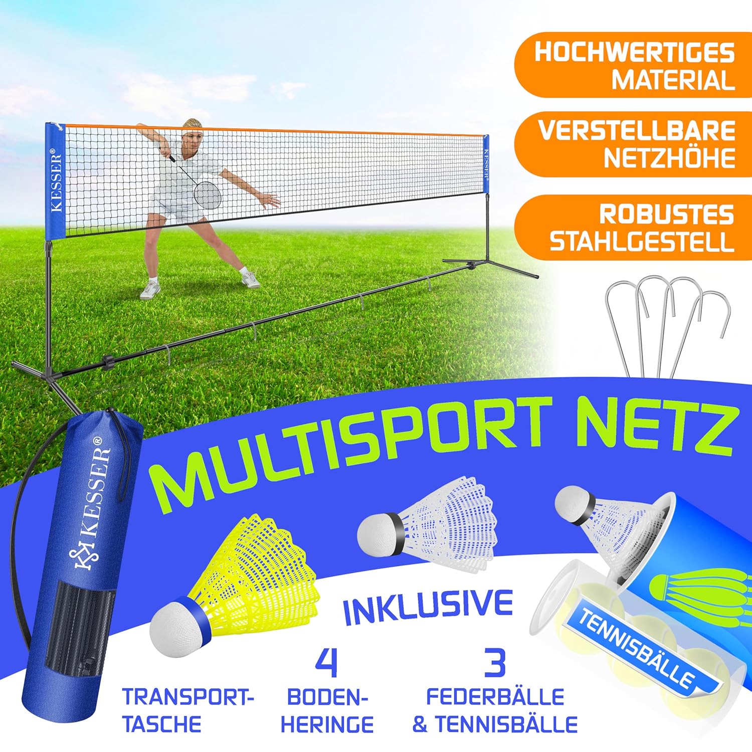 KESSER® Mehrzweck-Netz 107/120/155 cm, 3‑Wege-Höhenverstellung, inkl. Transporttasche