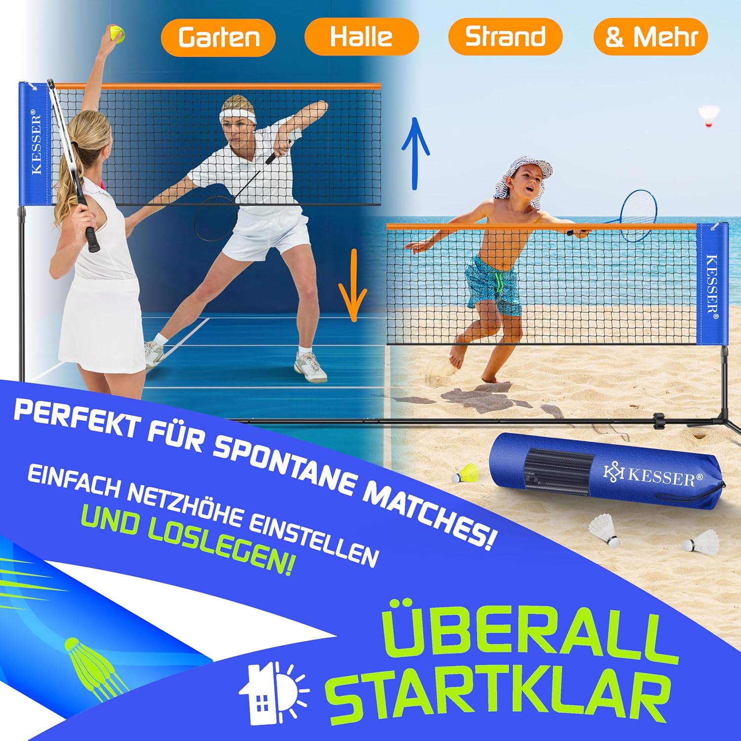 KESSER® Mehrzweck-Netz 107/120/155 cm, 3‑Wege-Höhenverstellung, inkl. Transporttasche