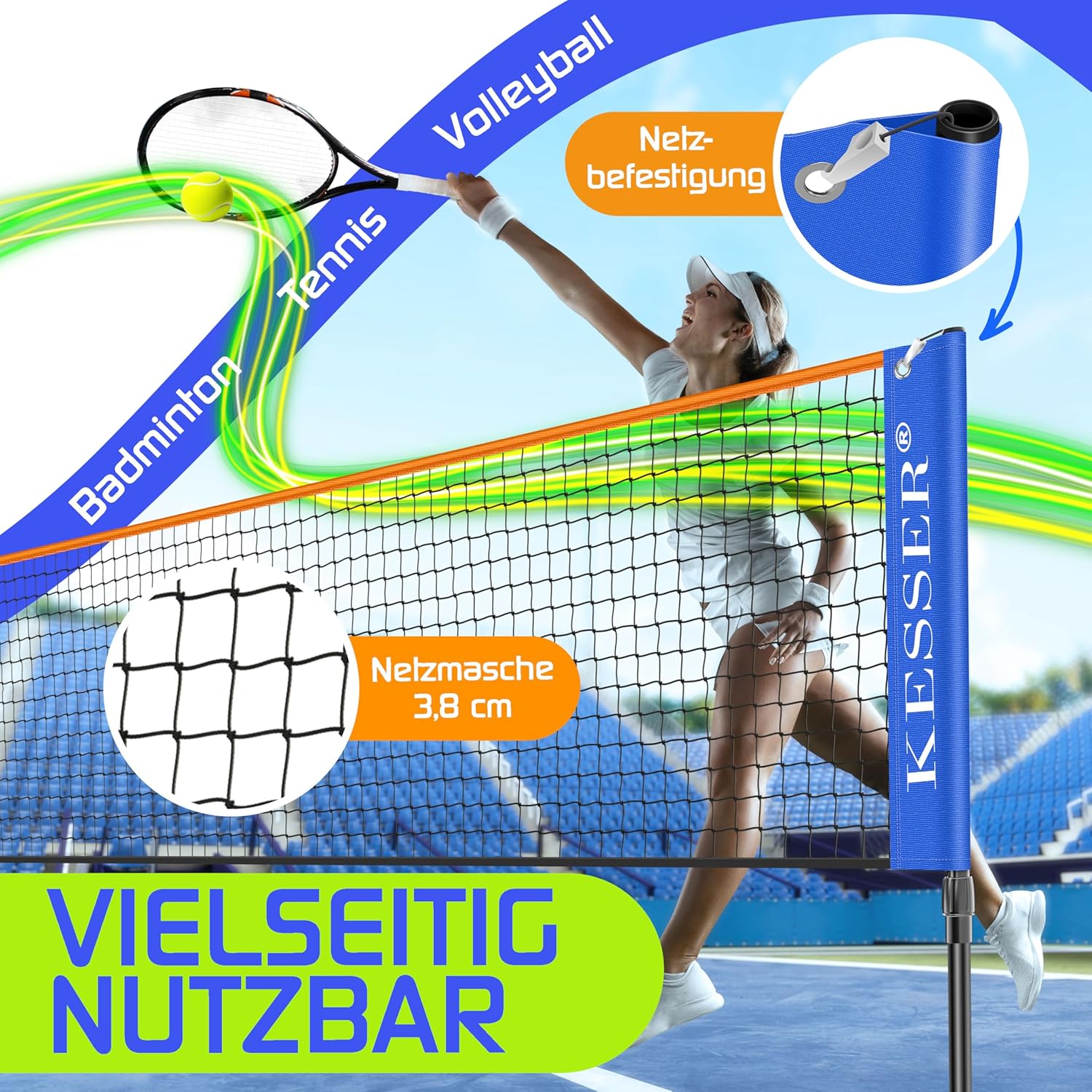 KESSER® Mehrzweck-Netz 107/120/155 cm, 3‑Wege-Höhenverstellung, inkl. Transporttasche