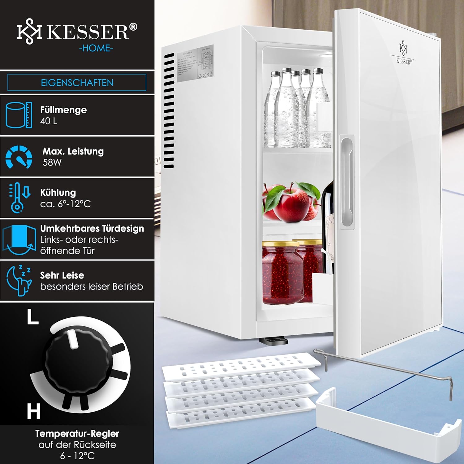 KESSER Mini Fridge 40 L – Glasfront, geräuschlos, verstellbarer Türscharnier