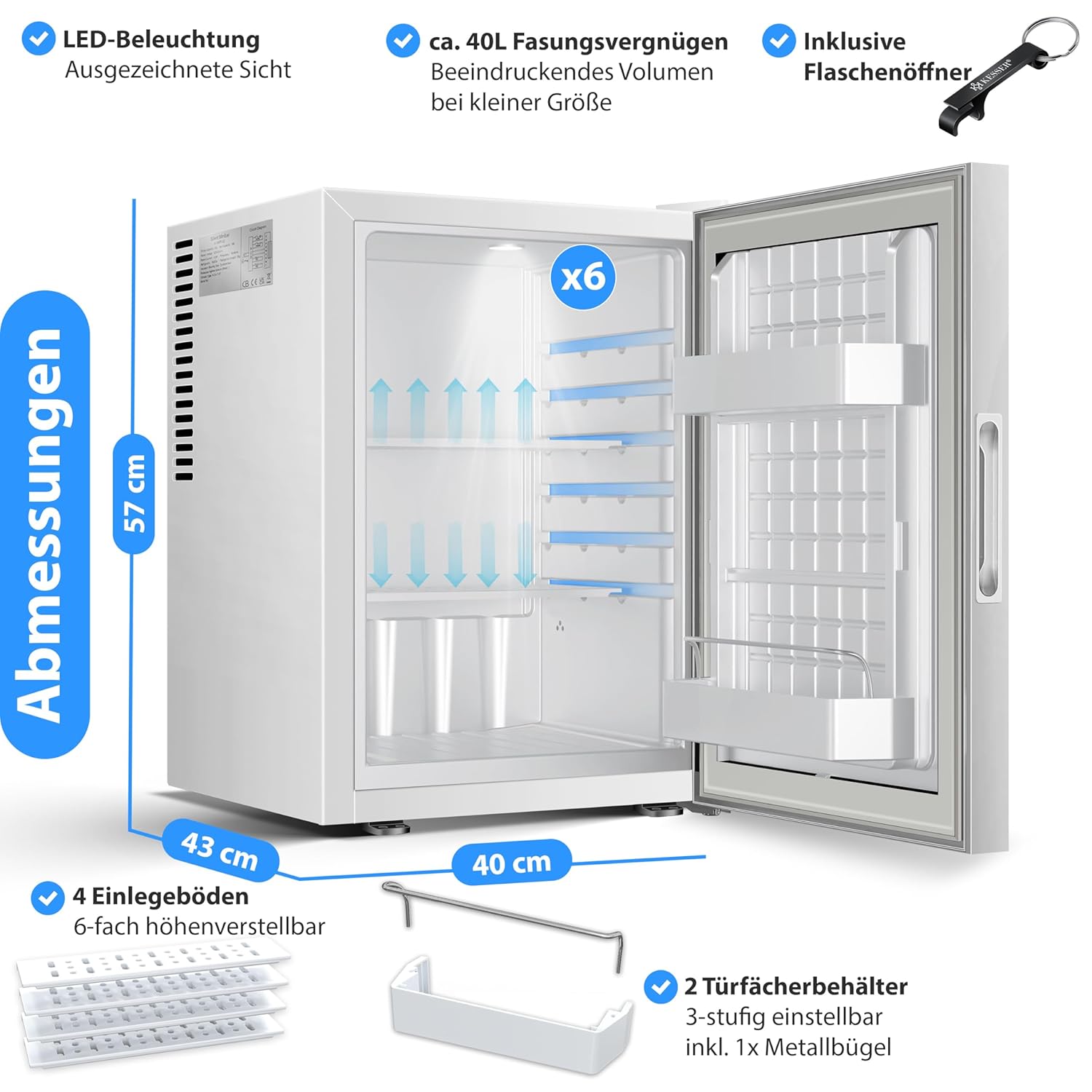KESSER Mini Fridge 40 L – Glasfront, geräuschlos, verstellbarer Türscharnier