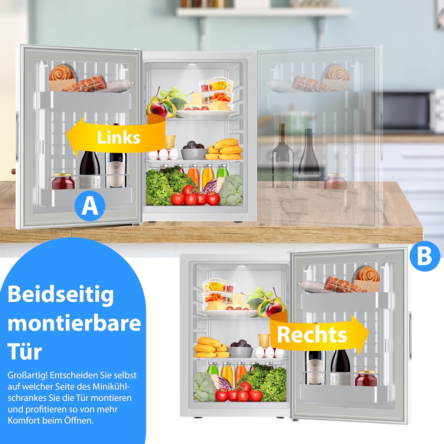 KESSER Mini Fridge 40 L – Glasfront, geräuschlos, verstellbarer Türscharnier