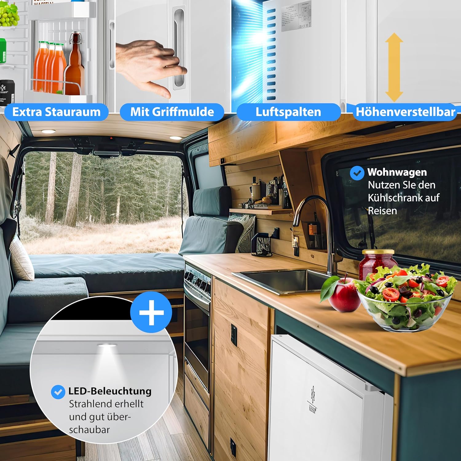 KESSER Mini Fridge 40 L – Glasfront, geräuschlos, verstellbarer Türscharnier