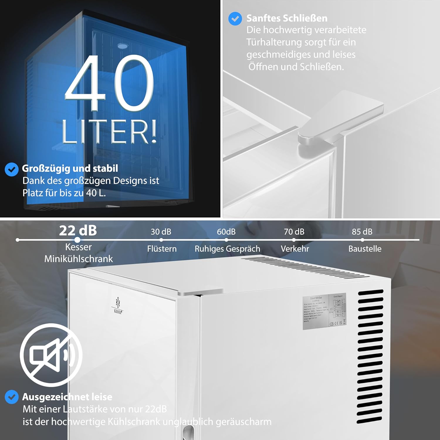 KESSER Mini Fridge 40 L – Glasfront, geräuschlos, verstellbarer Türscharnier