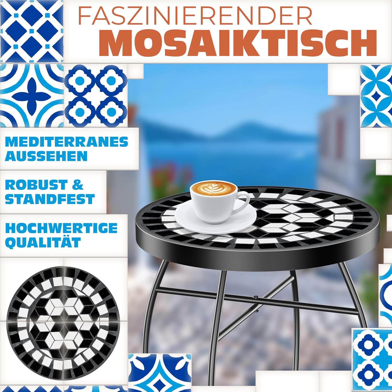 KESSER® Mosaik‑Bistrotisch – Metall & Stein, wetterfest, runde Sitzbank, 60×34 cm