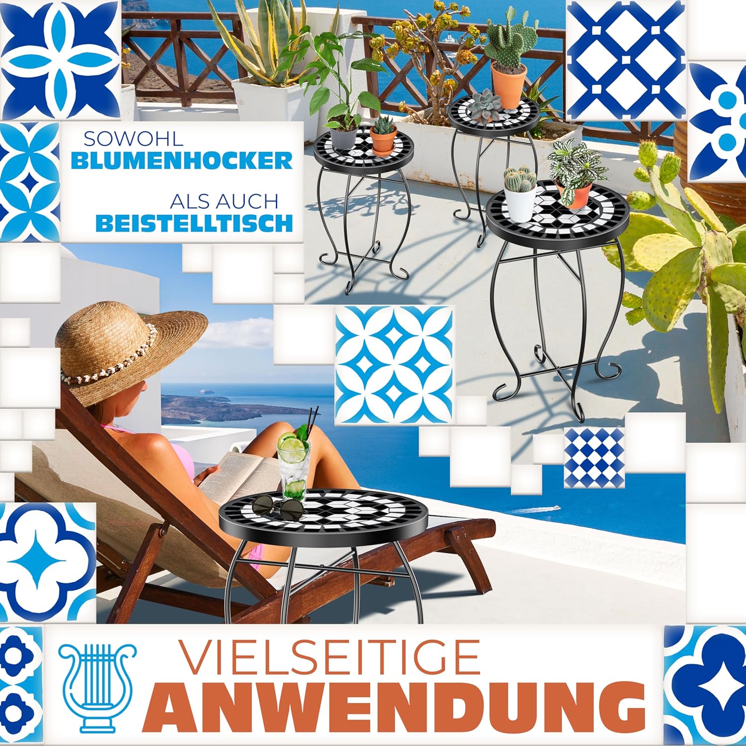 KESSER® Mosaik‑Bistrotisch – Metall & Stein, wetterfest, runde Sitzbank, 60×34 cm