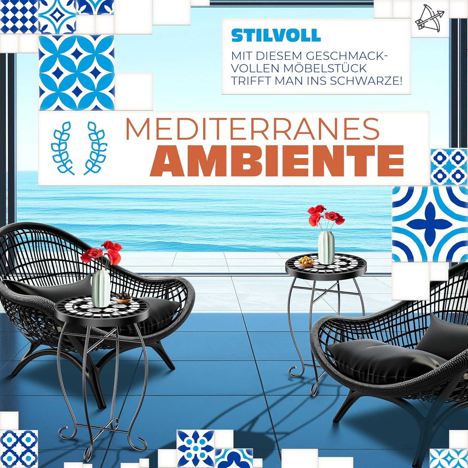 KESSER® Mosaik‑Bistrotisch – Metall & Stein, wetterfest, runde Sitzbank, 60×34 cm