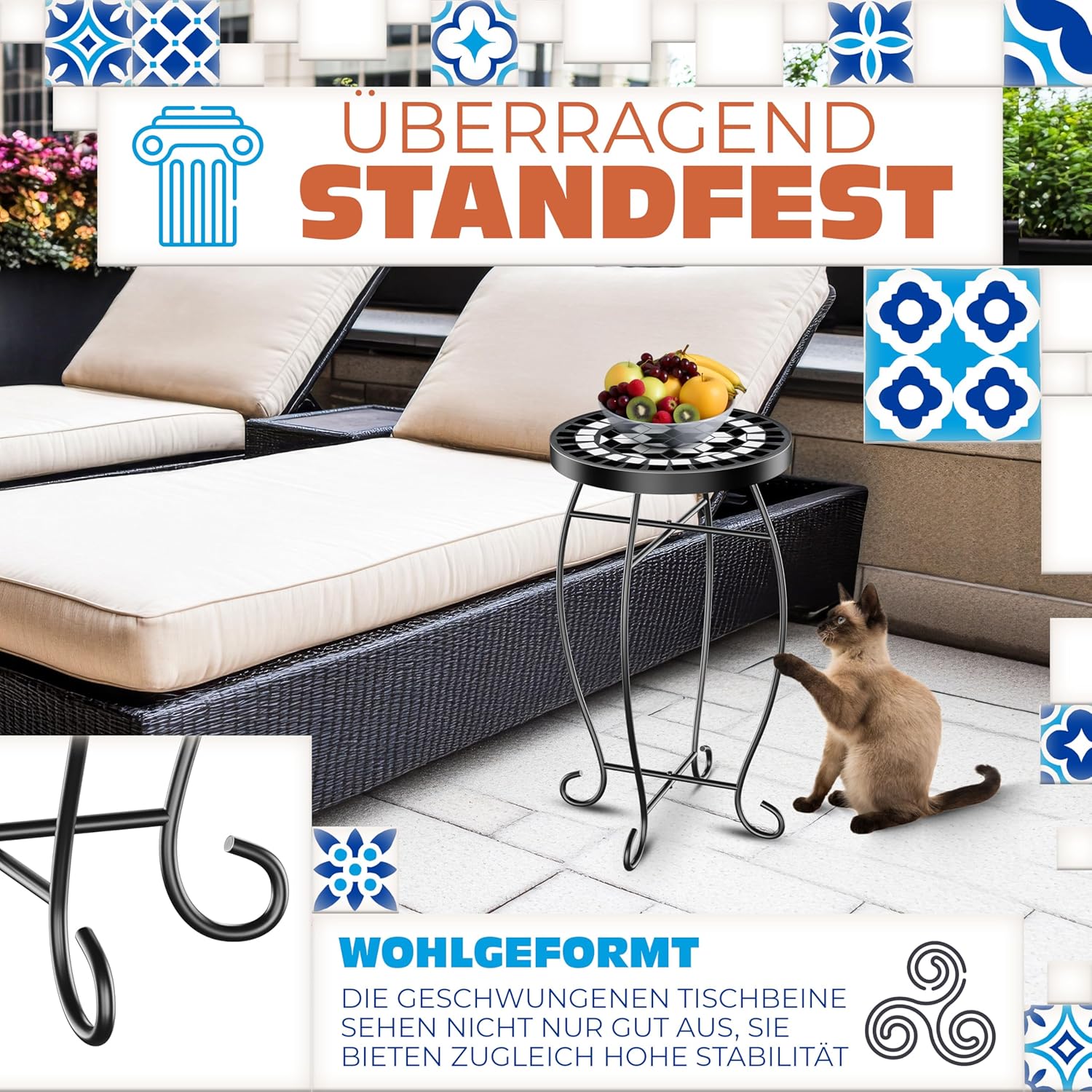 KESSER® Mosaik‑Bistrotisch – Metall & Stein, wetterfest, runde Sitzbank, 60×34 cm