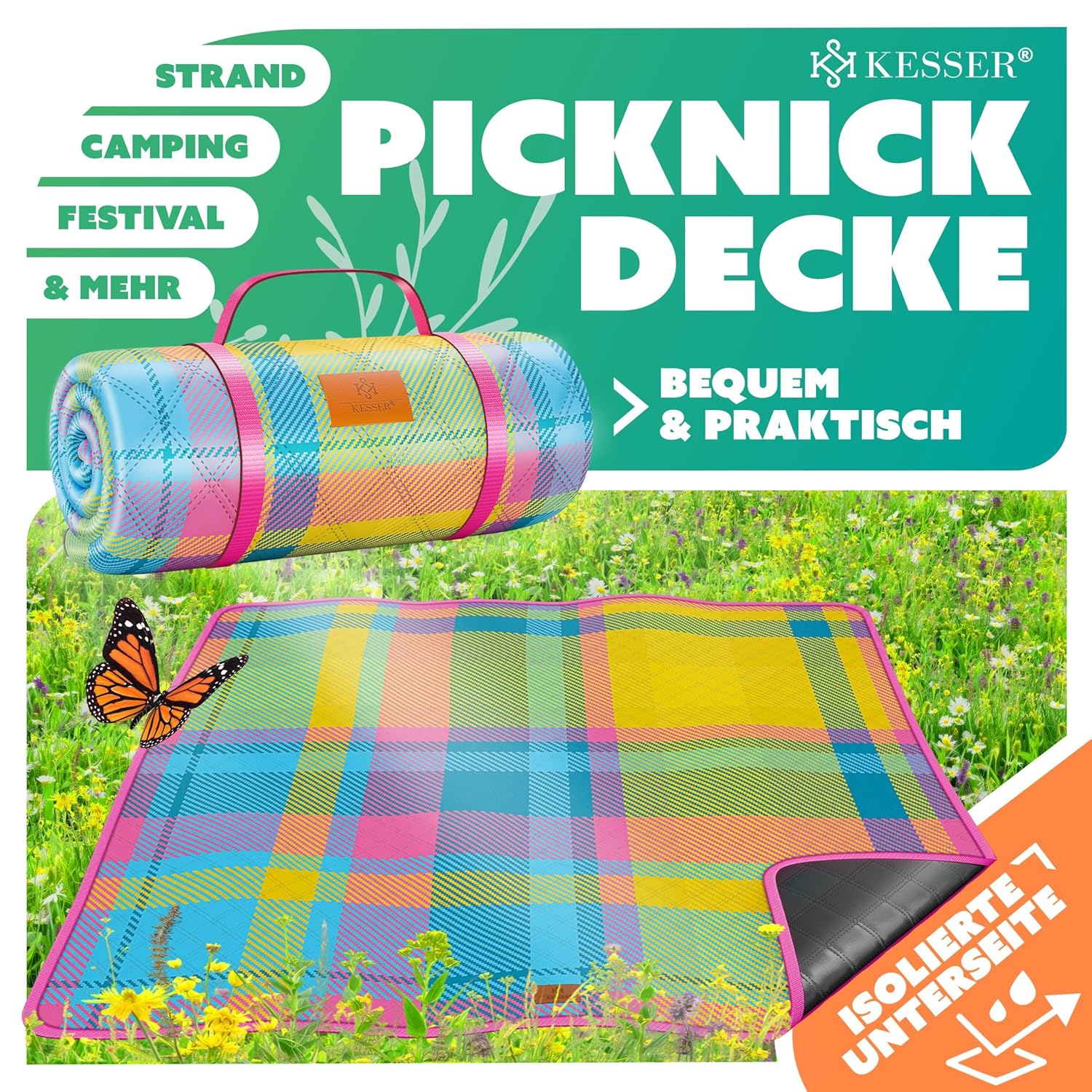 KESSER® Picknickdecke 200x200 cm, wasserdichte Unterseite, 3‑Lagen, Tragetasche