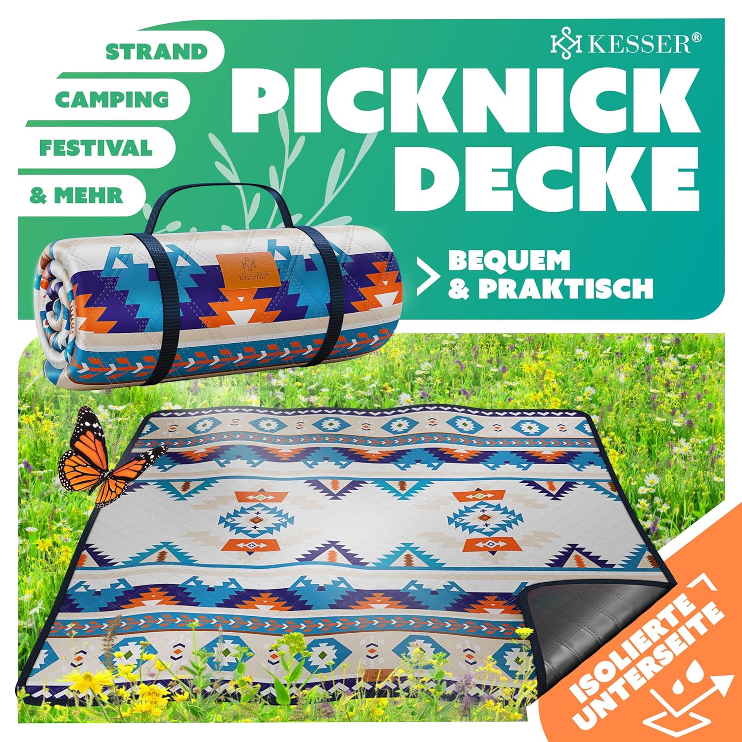 KESSER® Picknickdecke 200x200 cm, wasserdichte Unterseite, 3‑Lagen, Tragetasche