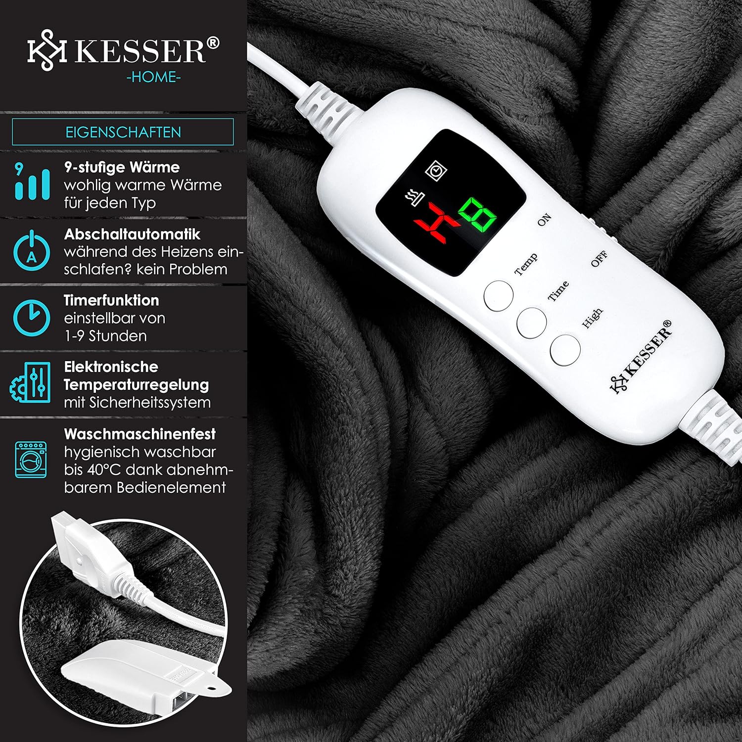 KESSER® Plüsch‑Elektrodecke 200 × 180 cm – 9 Stufen, TÜV SÜD GS, automatischer Timer, waschbar