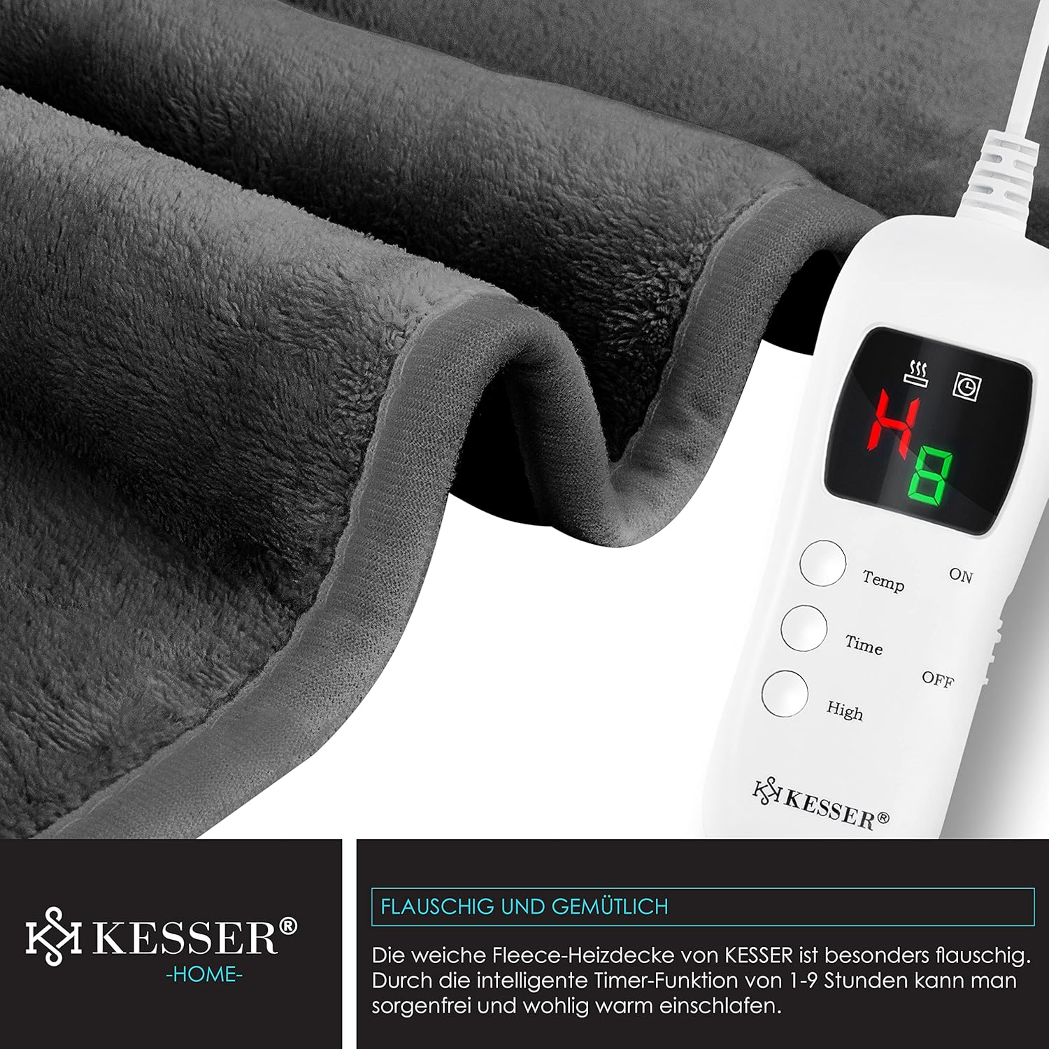 KESSER® Plüsch‑Elektrodecke 200 × 180 cm – 9 Stufen, TÜV SÜD GS, automatischer Timer, waschbar