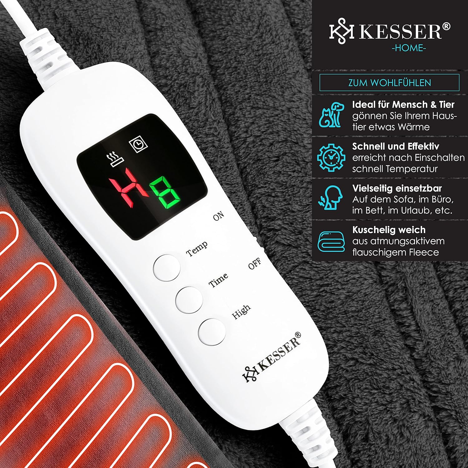 KESSER® Plüsch‑Elektrodecke 200 × 180 cm – 9 Stufen, TÜV SÜD GS, automatischer Timer, waschbar